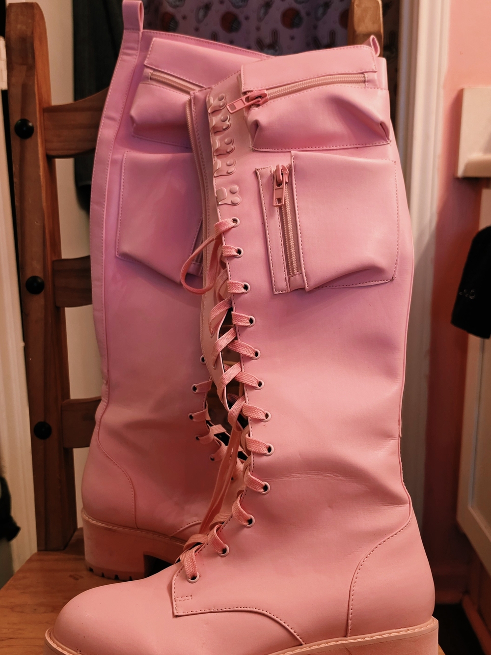 Dolls Kill Pink Lace-Up Tall Combat Boots with Utility Pockets